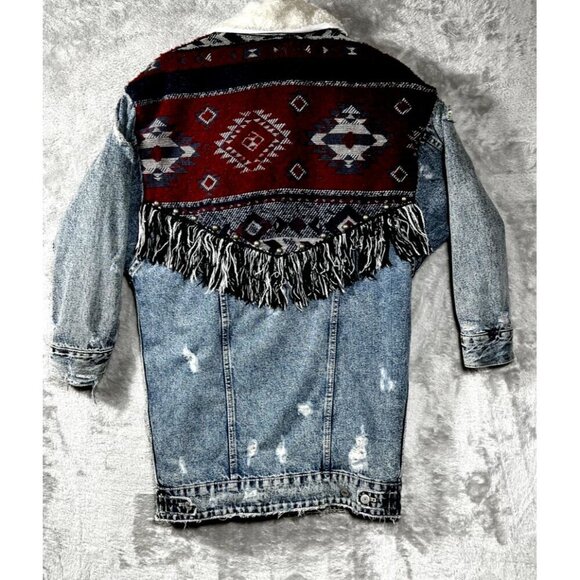 Zara trafaluc Denim Western Jacket Coat Aztec Sherpa Lined Fringe Tribal Sz S - Picture 3 of 8